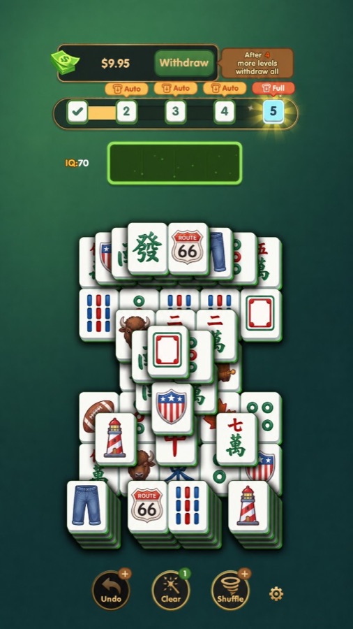 Mahjong Pairs gameplay with balance and progress
